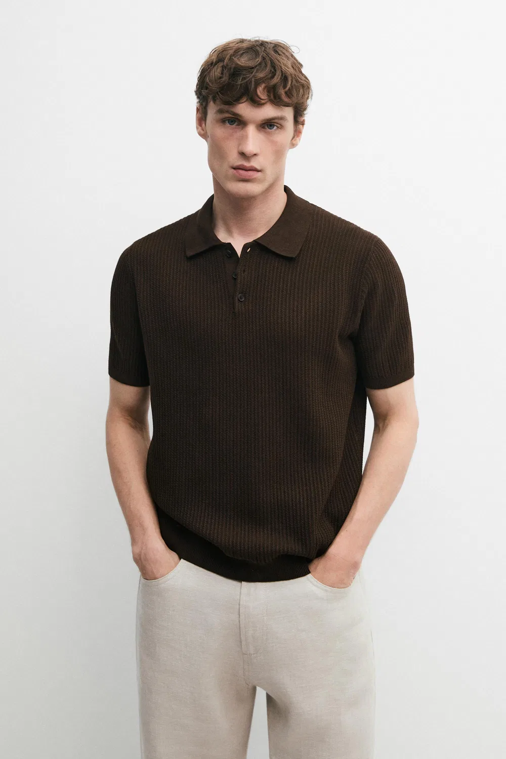 Поло из 100% хлопка, фактурная вязка Massimo Dutti, коричневый меланж — фото 2