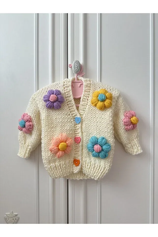 Детский кардиган с цветочным принтом Hand knitted mother and girl combined flowery Emakrome, Cream — фото 3