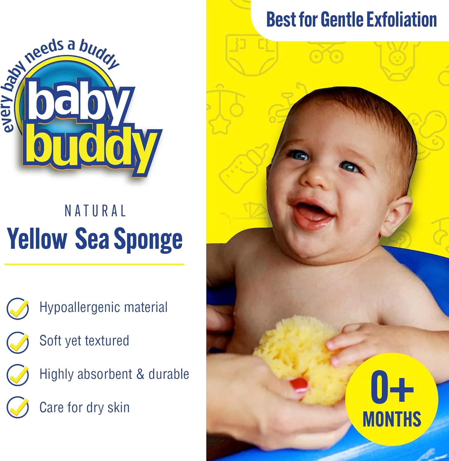 Губка для купания Baby Buddy, натуральная морская, 3 шт., 4 дюйма, Желтый — фото 2