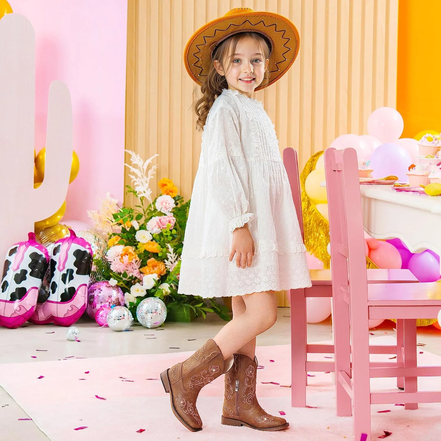 Детские сапоги для девочек с цветочной вышивкой Cowgirl Boots Motasha, Brown — фото 3