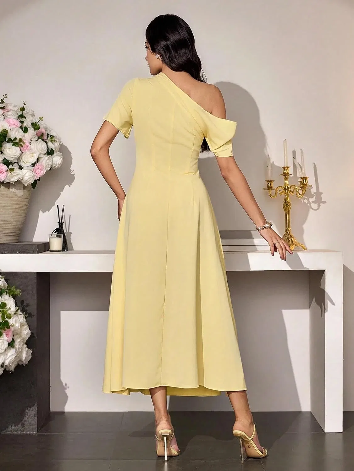 Женское повседневное платье миди с асимметричной талией, Yellow — фото 4