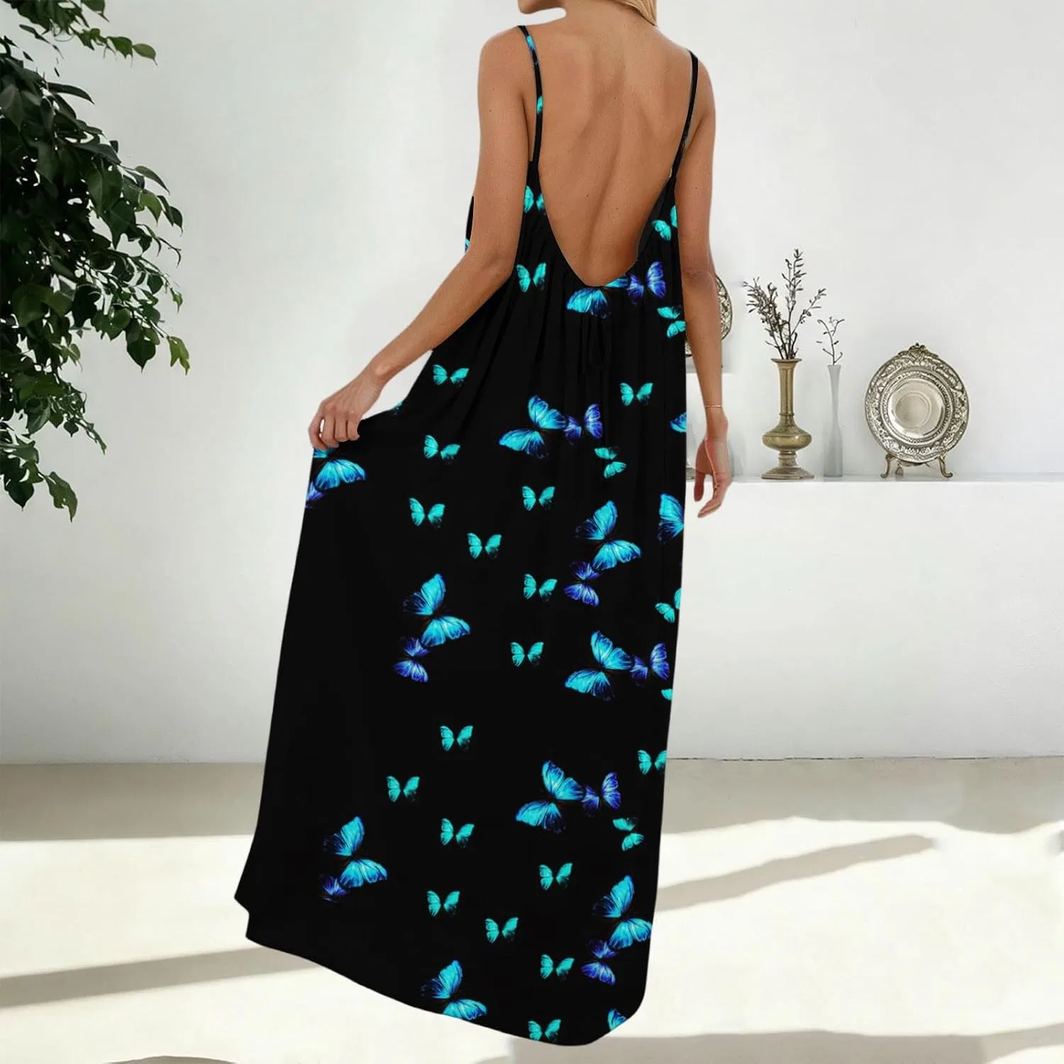 Женское макси-платье на бретелях с принтом, Backless Sleeveless, 4-Blue — фото 3