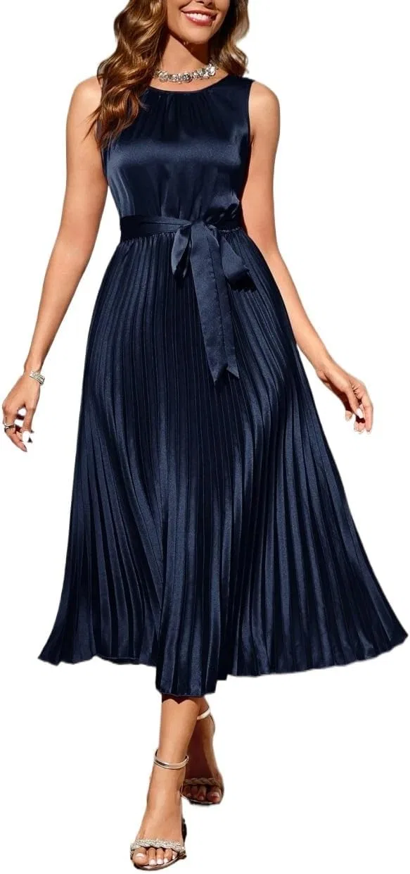 Женское элегантное платье миди A-силуэта с поясом, Navy Blue