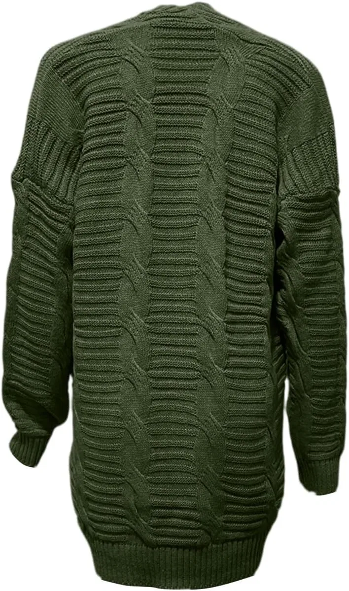 Женский кардиган-оверсайз с косами, модель Oversized Cable-Knit Open-Front Cardigan, зелёный — фото 3