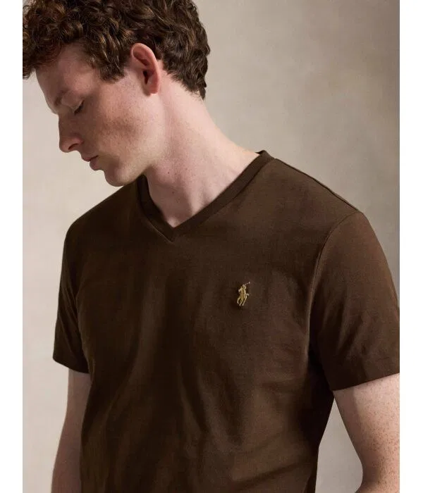 Мужская футболка с V-образным вырезом Custom Slim Fit Polo Ralph Lauren, коричневый — фото 4