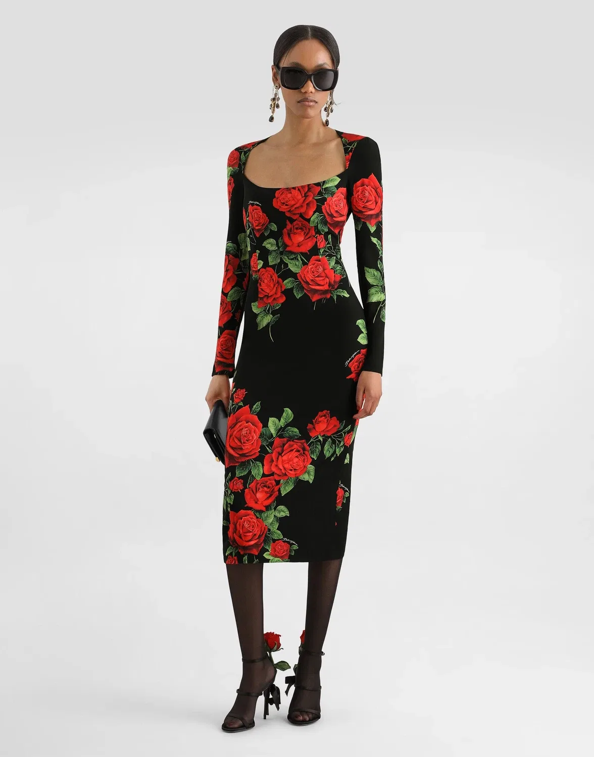Миди-платье из шармеза с цветочным принтом Dolce & Gabbana, бежевый — фото 2