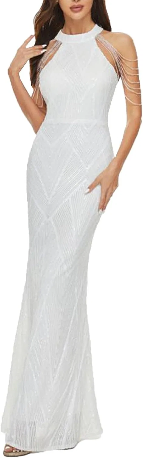 Женское элегантное платье с пайетками Off-Shoulder, White
