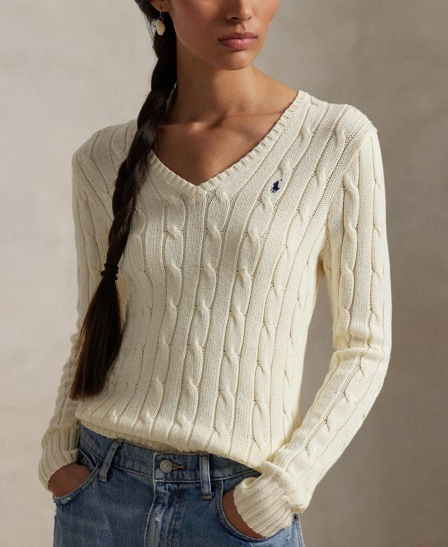 Свитер с V-образным вырезом из хлопка Cable-Knit Cotton V-Neck Sweater Polo Ralph Lauren, Cream — фото 3