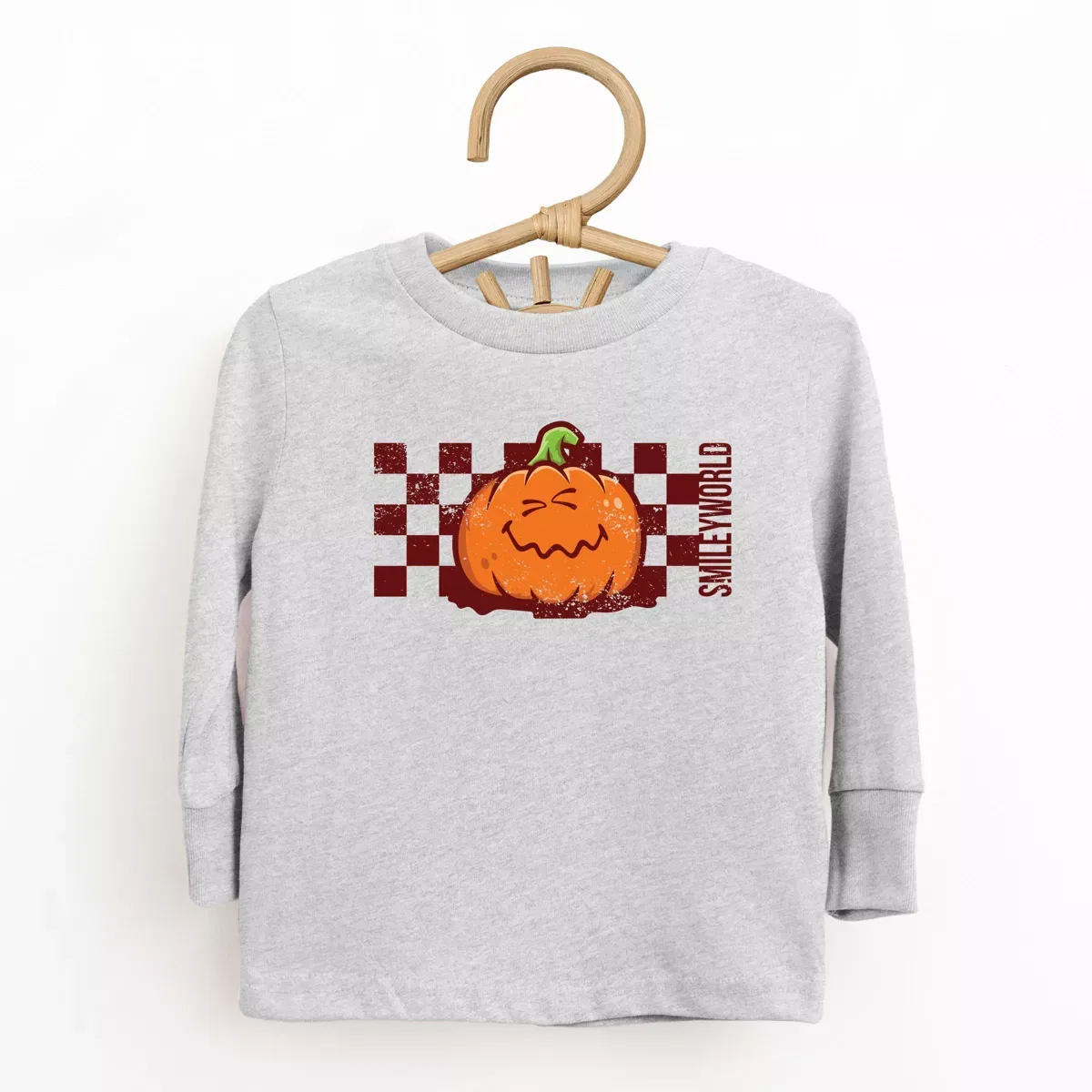 Детская футболка с длинным рукавом с принтом SmileyWorld Pumpkin Face Checkered The Juniper Shop, Seafoam — фото 2