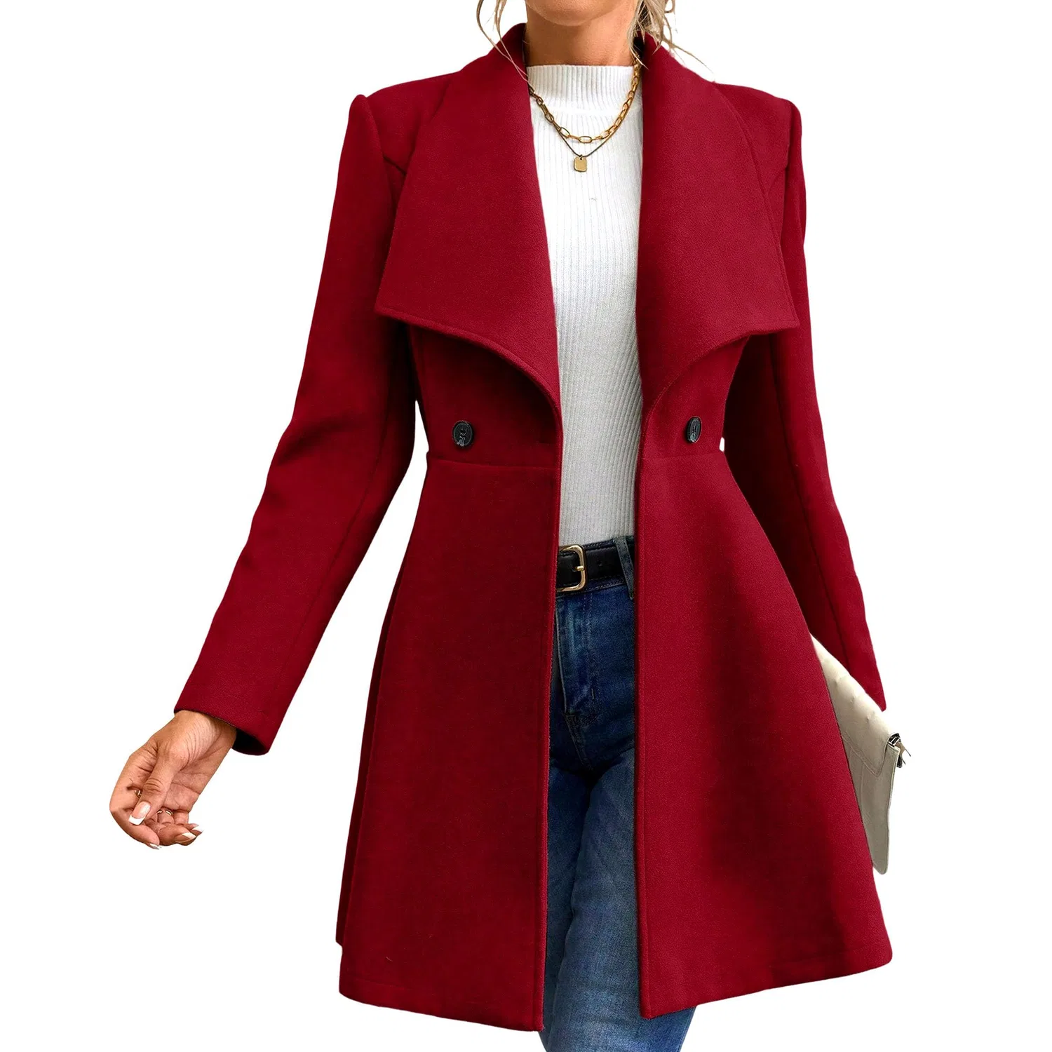 Женское зимнее длинное пальто с двубортной застежкой, dark red
