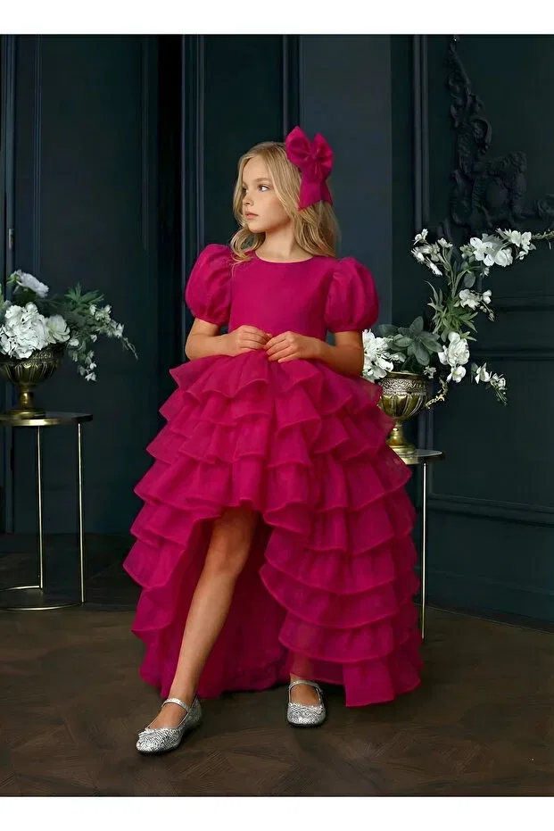 Детское платье для девочек с коротким рукавом take off tail layered evening dress and buckle Kids, Fuchsia — фото 3