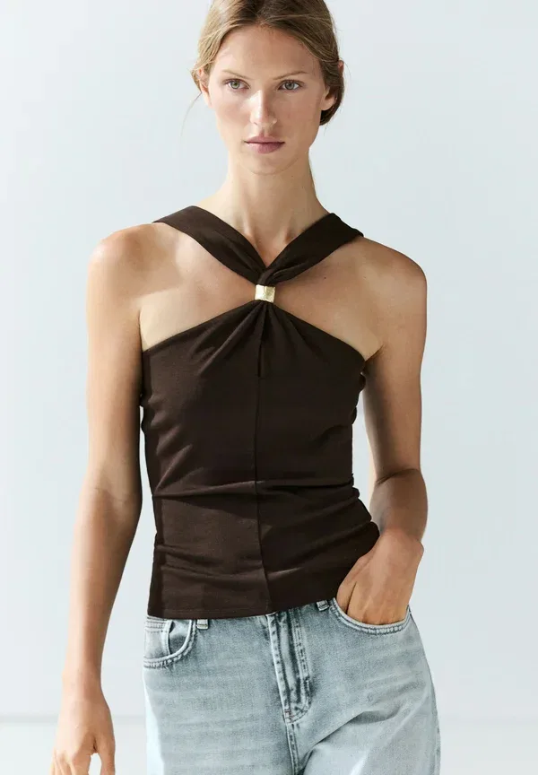 Топ с вырезом на спине Halter top with jewel straps Massimo Dutti, темно-коричневый