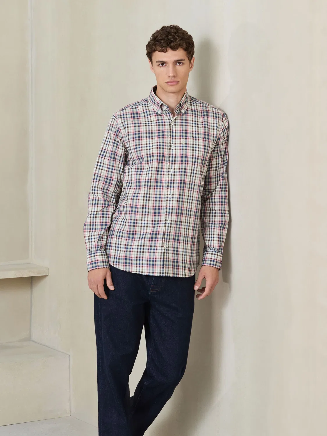 Рубашка оксфорд Regular Fit, Neutral/Pink Gingham Next — фото 3