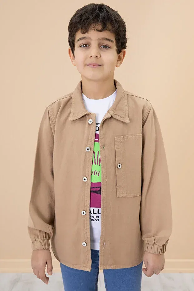 Детский комплект футболки и рубашки с принтом Coffee Printed T-Shirt Jean Shirt Cansın Mini, Brown