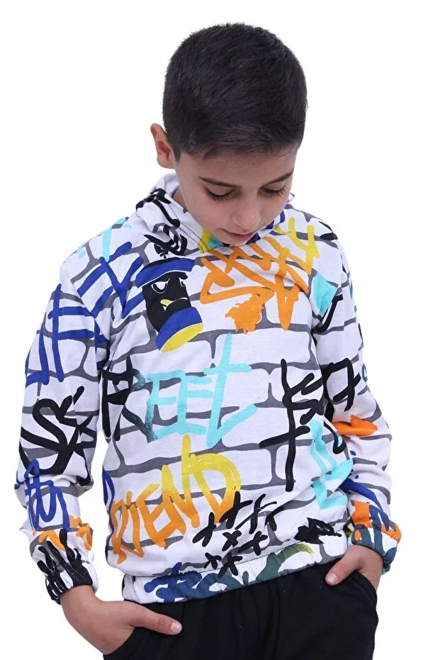 Детское худи для девочек с принтом Emoji patterned hooded sweatshirt 2 threads Ya Ko Kids, White — фото 2