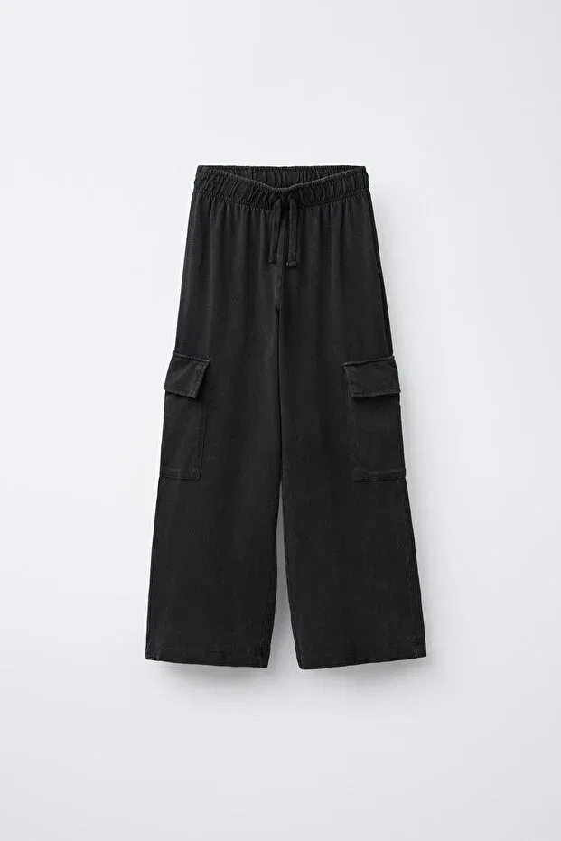 Детские брюки для девочек широкие карго Washed effect wide leg cargo pants Zeyderkids, Black