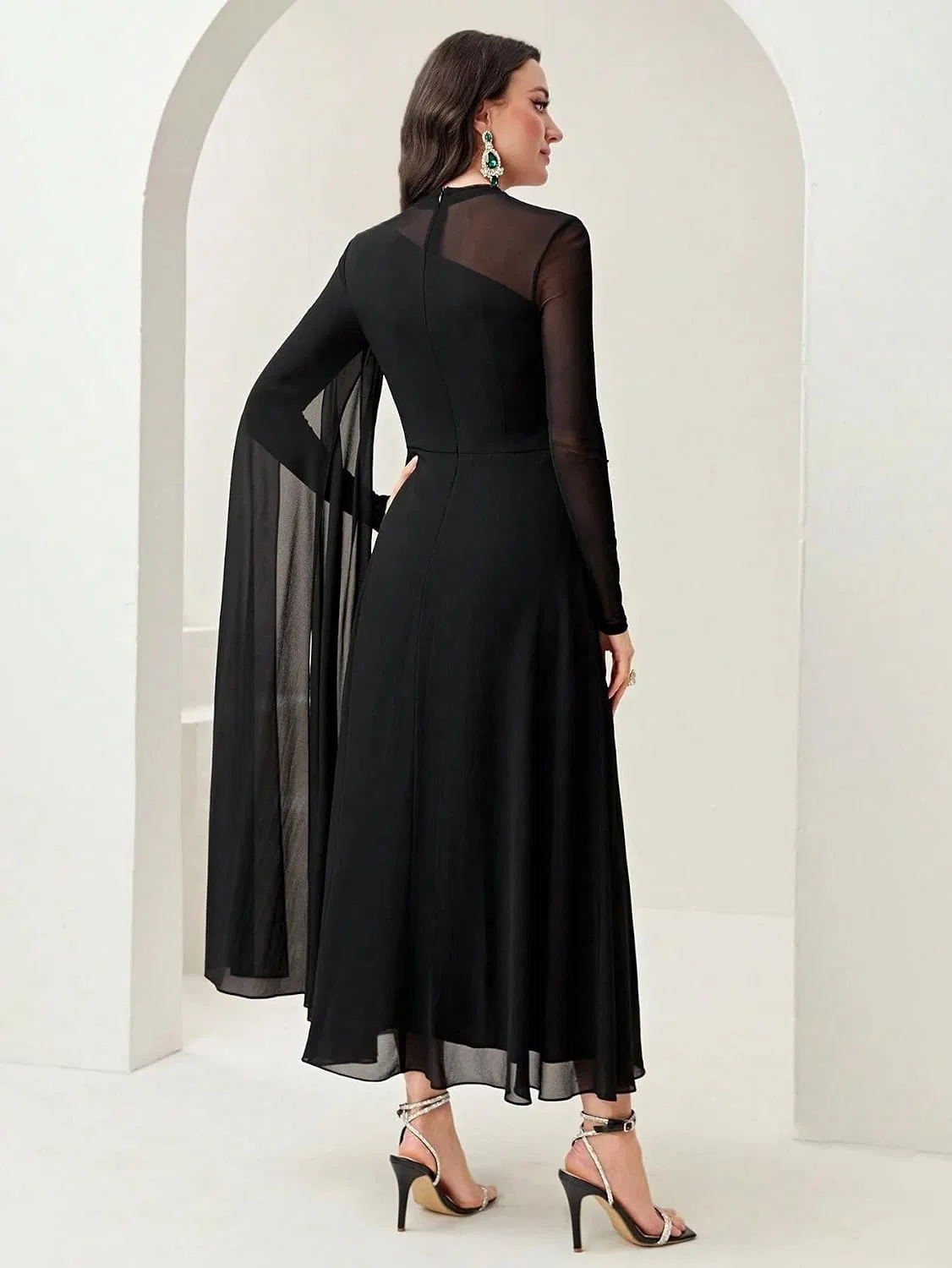Женское длинное платье A-силуэта с воротником-стойкой, Black — фото 2