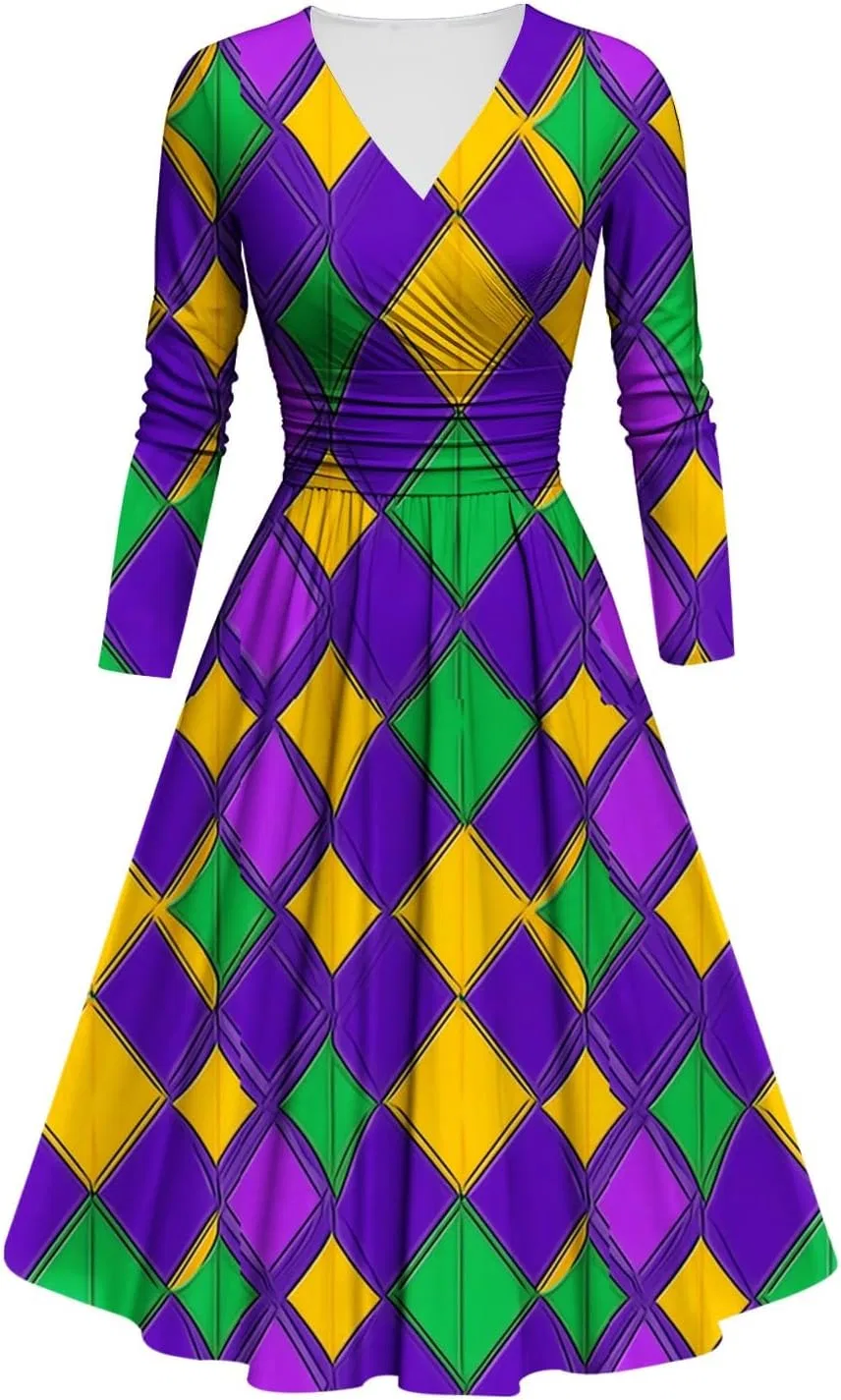 Женское платье миди A-силуэта с принтом Mardi Gras, Multicolor