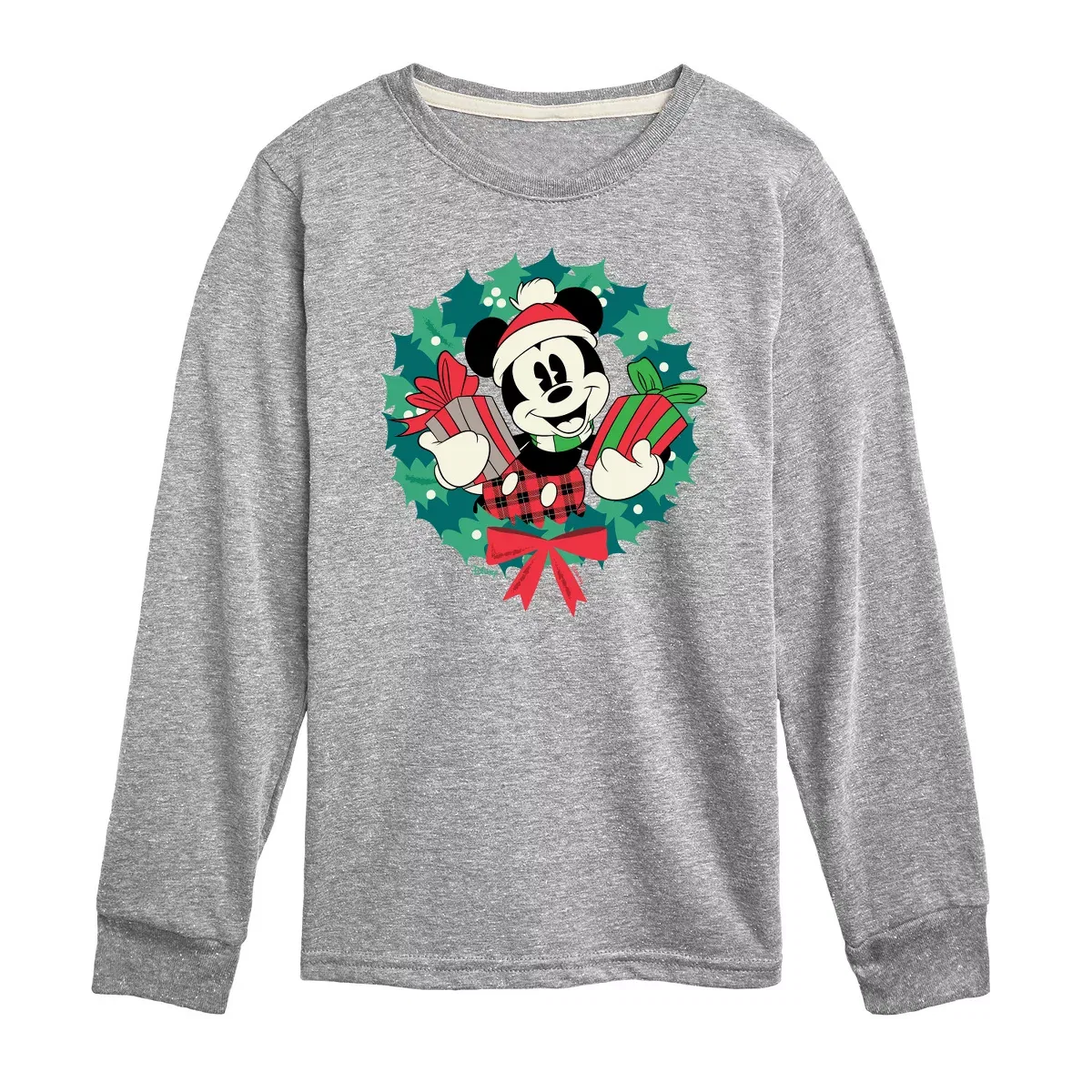 Детская футболка с длинным рукавом с принтом Mickey Mouse Christmas Wreath Disney, Athletic Heather
