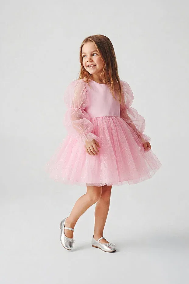 Детское платье для девочек с блестками Pearlie ruffled sleeve glitter tulle girls' dress Banamio, Pink