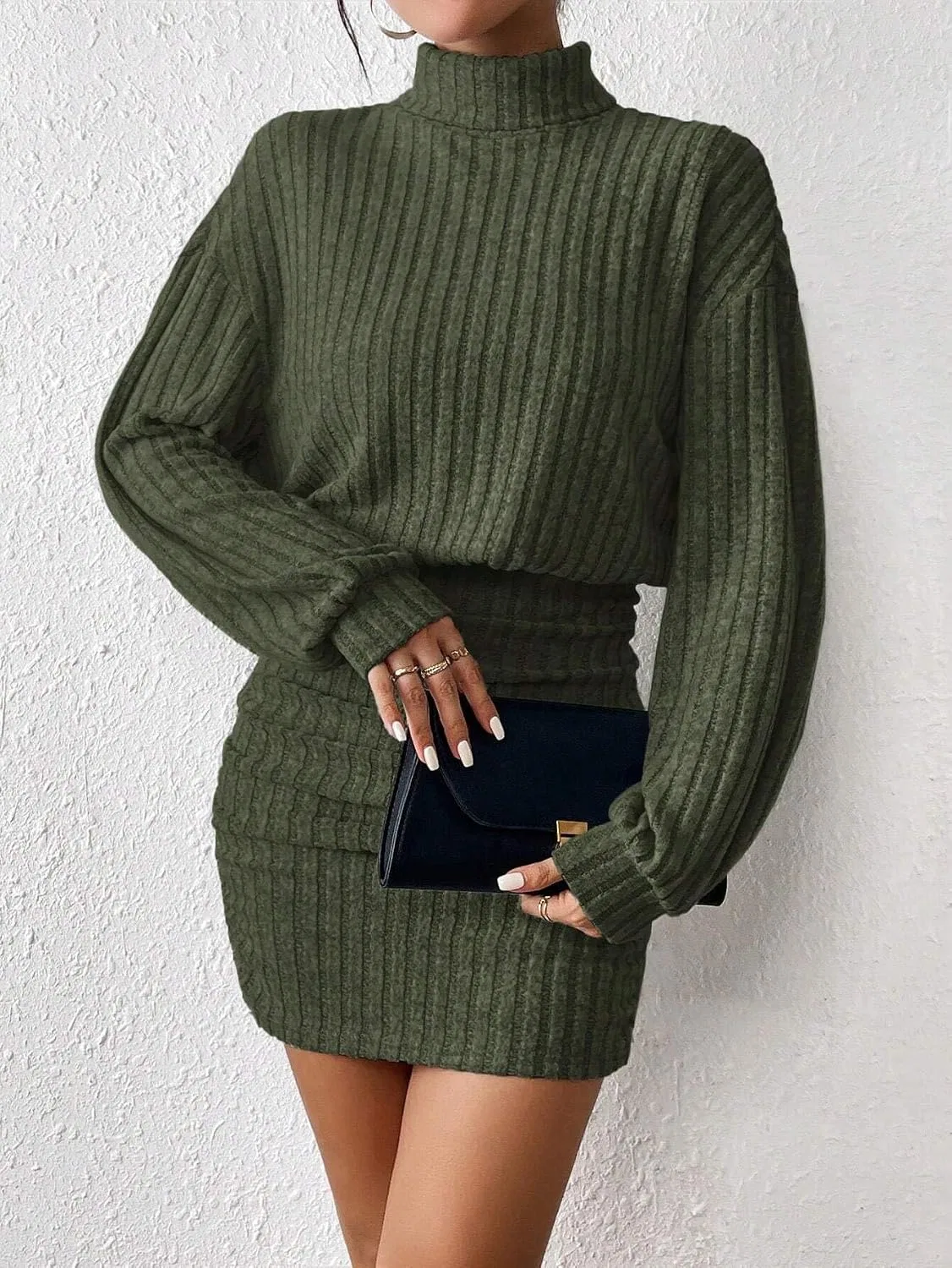 Женское мини-платье с высоким воротом и баттерфляй-рукавами, Dark Green — фото 4