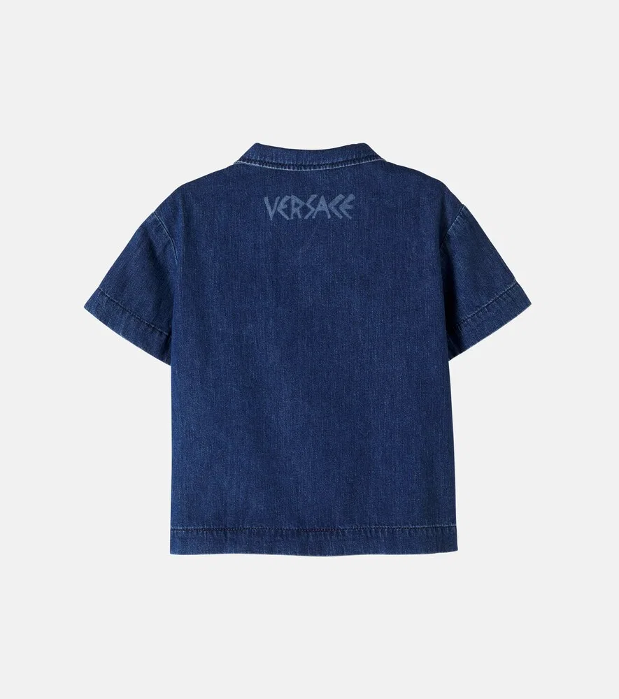 Джинсовая рубашка с изображением Медузы Versace Kids, синий — фото 3
