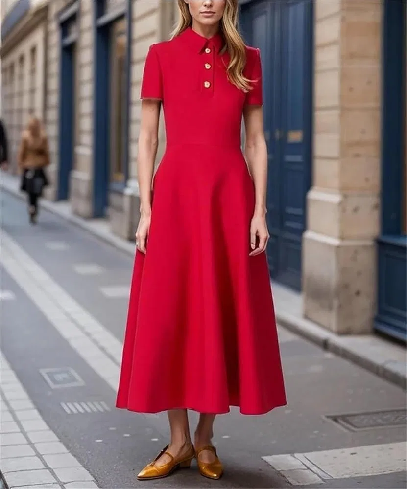 Женское платье с лацканом и пуговицами Slim Fit, Red — фото 2