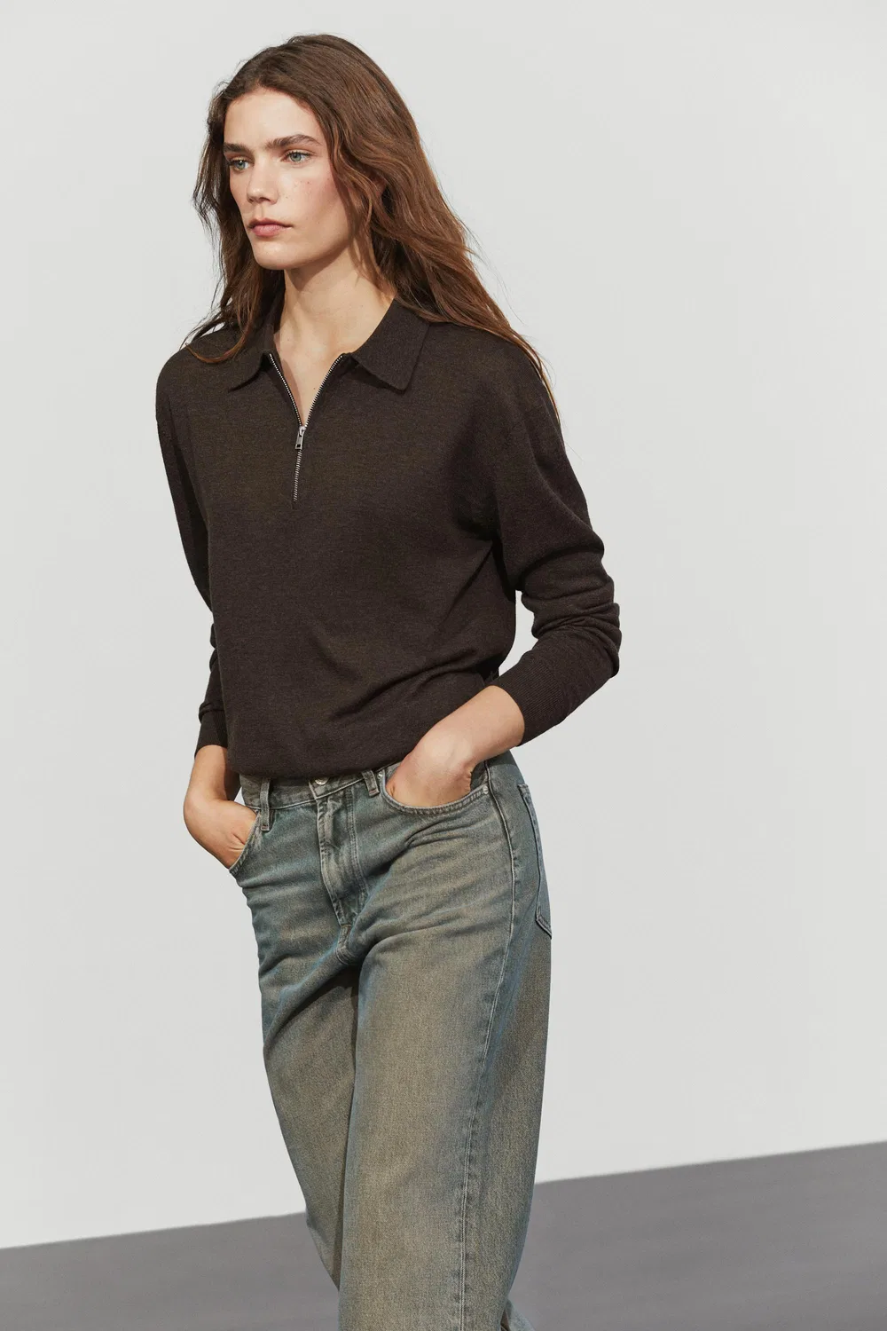 Свитер Massimo Dutti Wool Blend Quarter-Zip Knit, шоколадно-коричневый — фото 4