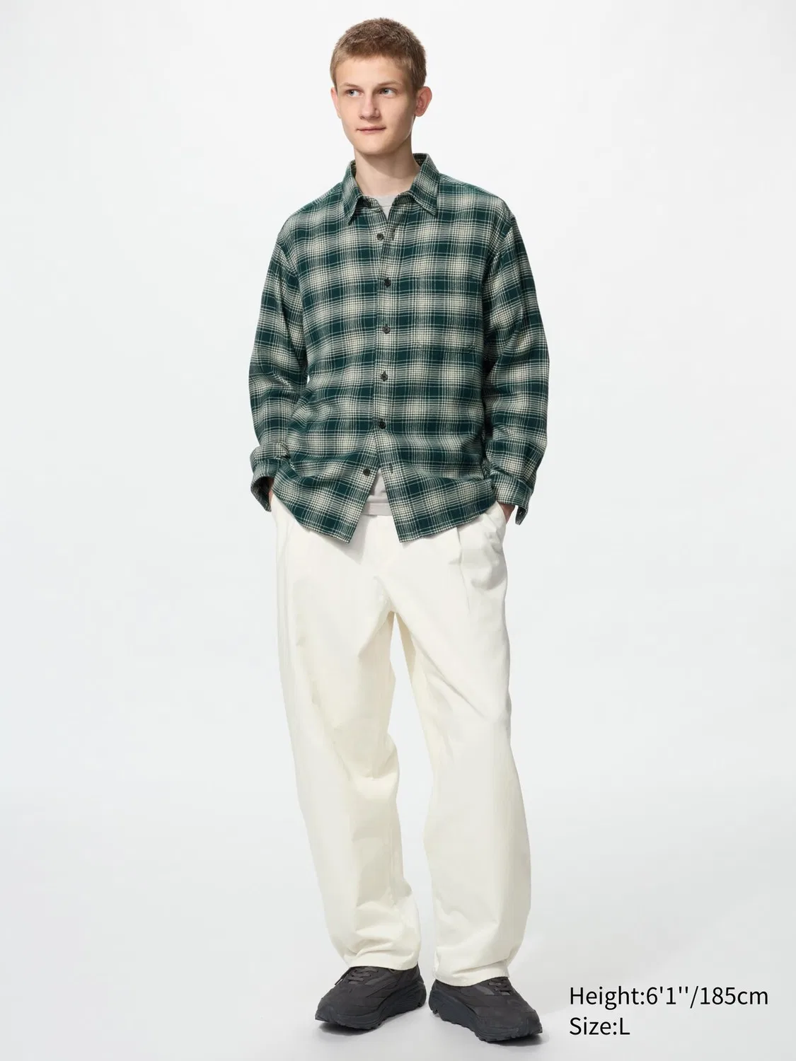 Рубашка Uniqlo, фланелевая клетчатая, оверсайз, зеленый — фото 3