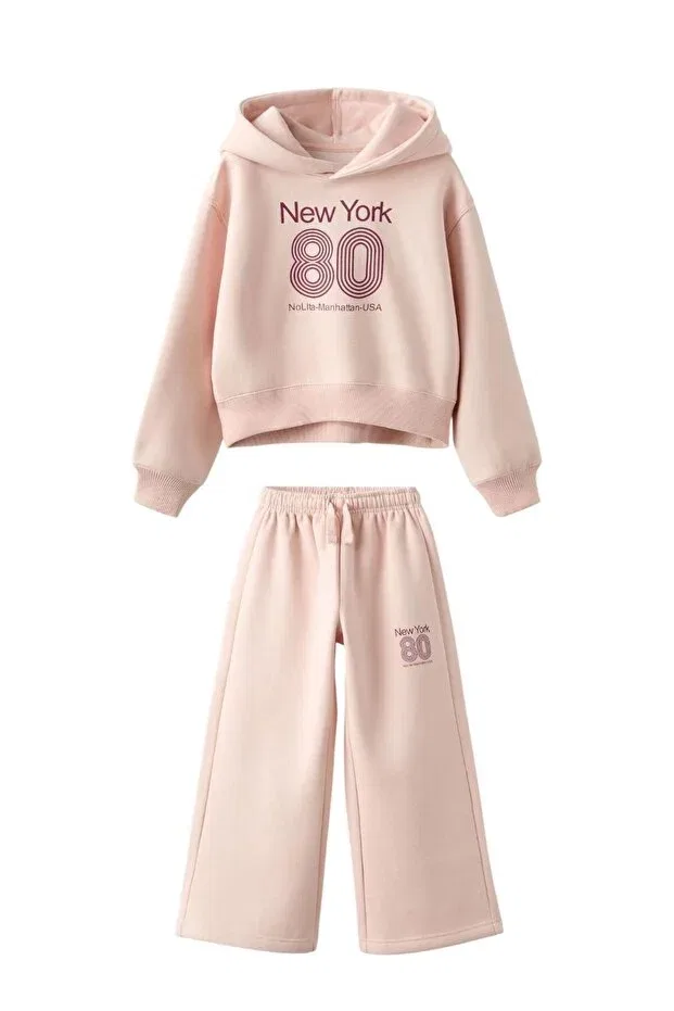 Детский комплект толстовки и брюк для девочек с принтом New York Hooded Girls' Tracksuit Set Seabubbles, Powder — фото 4