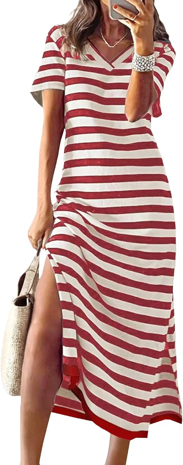Женское платье макси с боковым разрезом Color Block Striped, Red