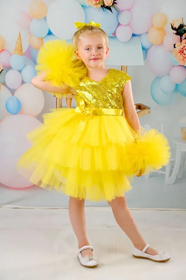Детское платье для девочек с помпонами Delfini Kids, Yellow — фото 3