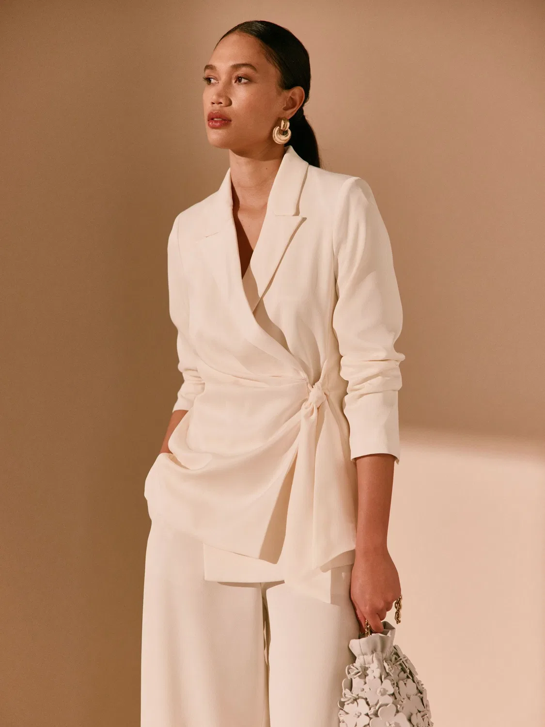 Жакет-кимоно сатиновый, модель Wrap Blazer Next, экрю — фото 3
