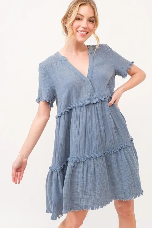 Женское повседневное платье с бахромой Washed Frayed Detail Tiered Dress, Blue — фото 4