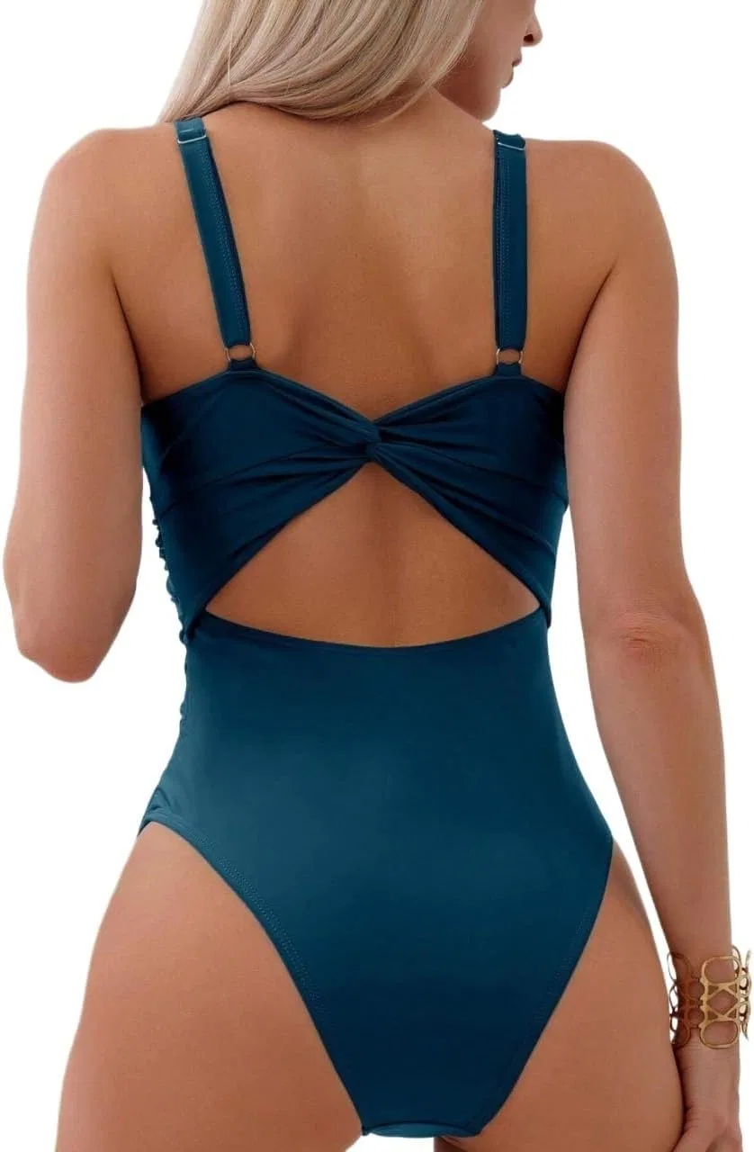 Женский слитный купальник монокини с драпировкой и вырезами, Teal Blue