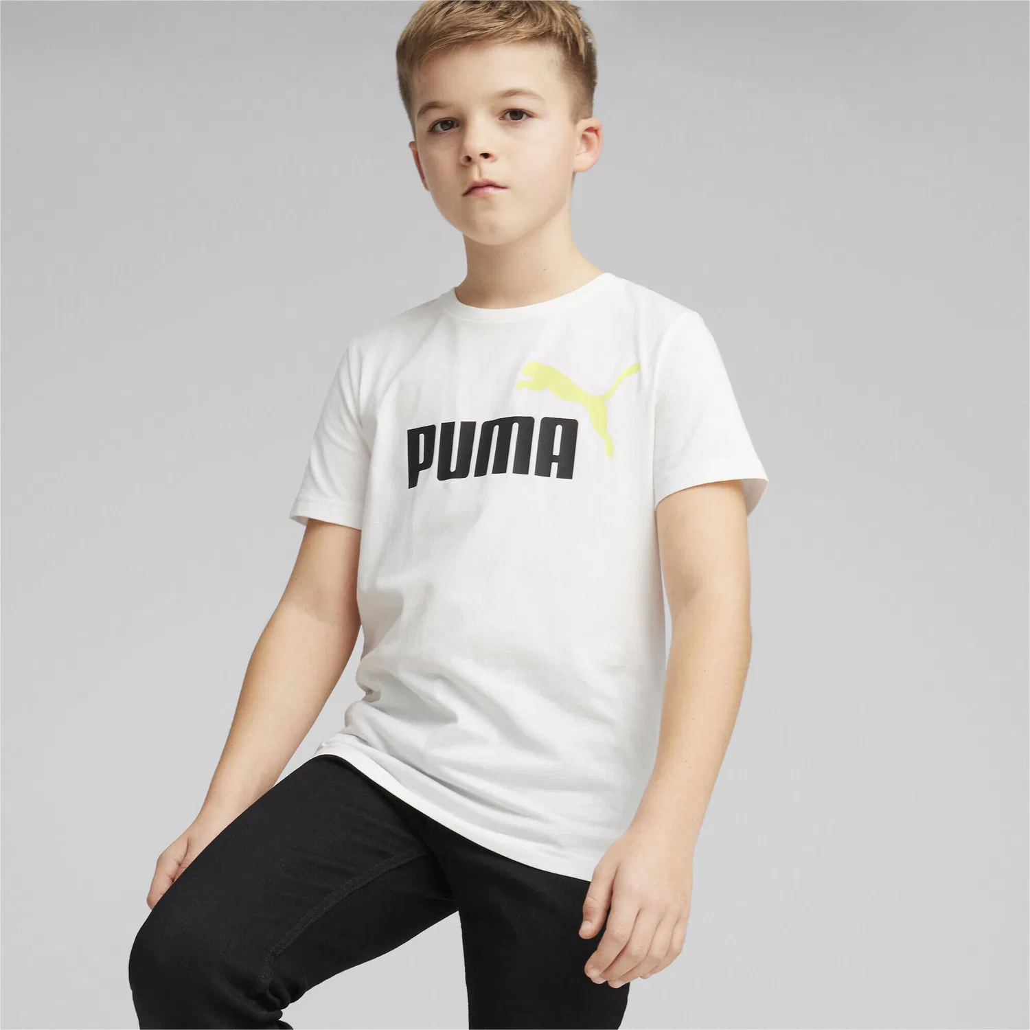 Детская футболка с принтом Essentials+ Two-Tone Logo Puma, White Lime Sheen Green — фото 2