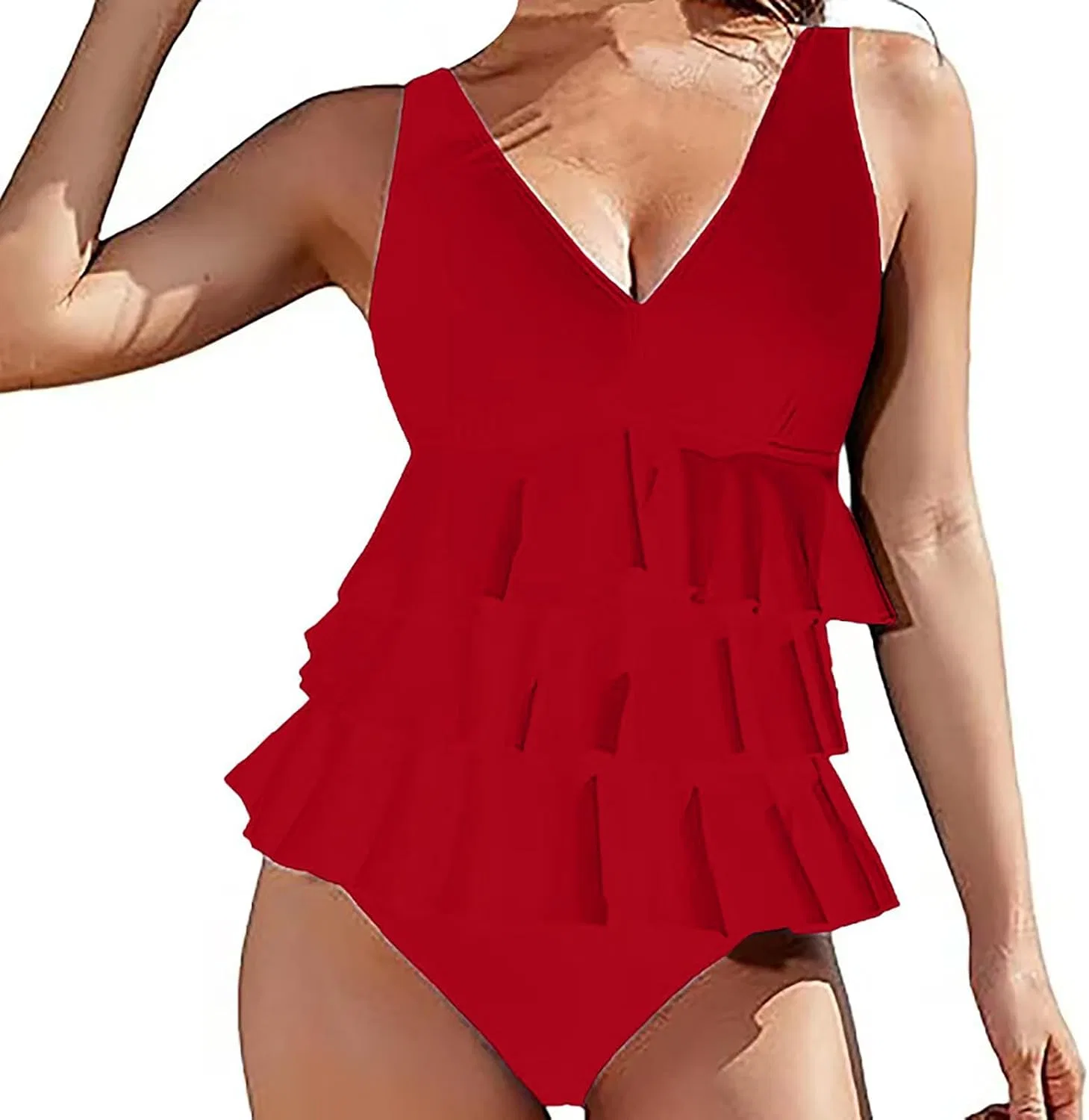 Женский танкини с V-образным вырезом, утягивающий живот, Adjustable Strap, Red — фото 4