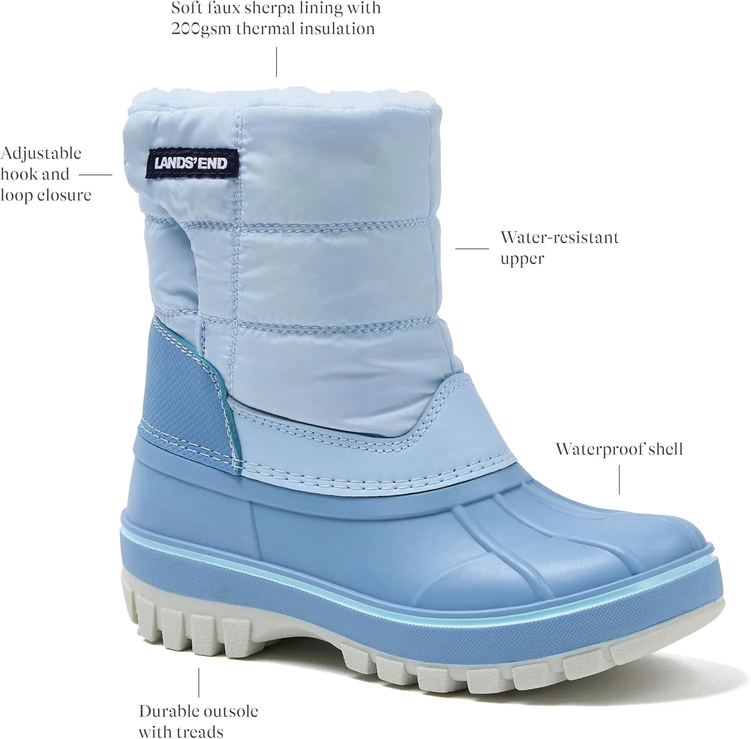 Детские зимние сапоги для девочек и мальчиков с флисом Lands' End Flurry Waterproof Fleece Winter Kids Snow Boots, Light Blue — фото 3