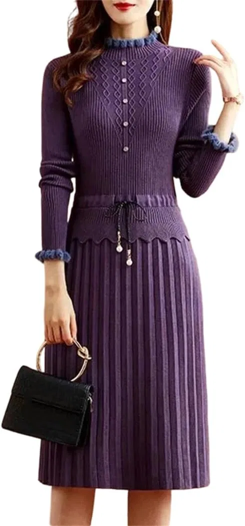Женское платье миди с плиссе вязаное Vintage, Purple