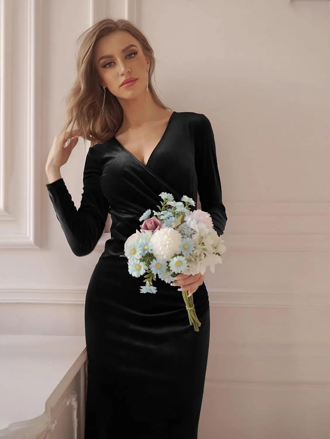 Женское бархатное платье-запах с V-образным вырезом Bodycon, Black — фото 2