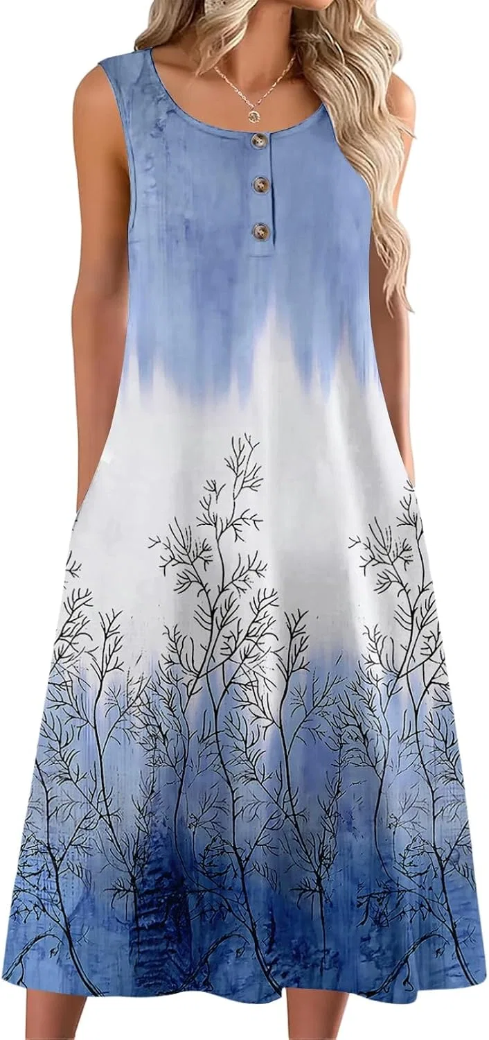 Женское летнее платье с цветочным принтом U-neck с карманами, Light Blue — фото 4