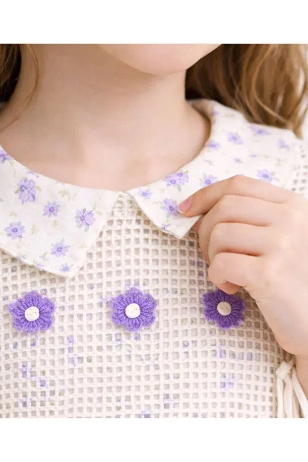 Детское платье для девочек с принтом Lilac Floral Print Embroidered Vest Cansın Mini, Lilac — фото 4