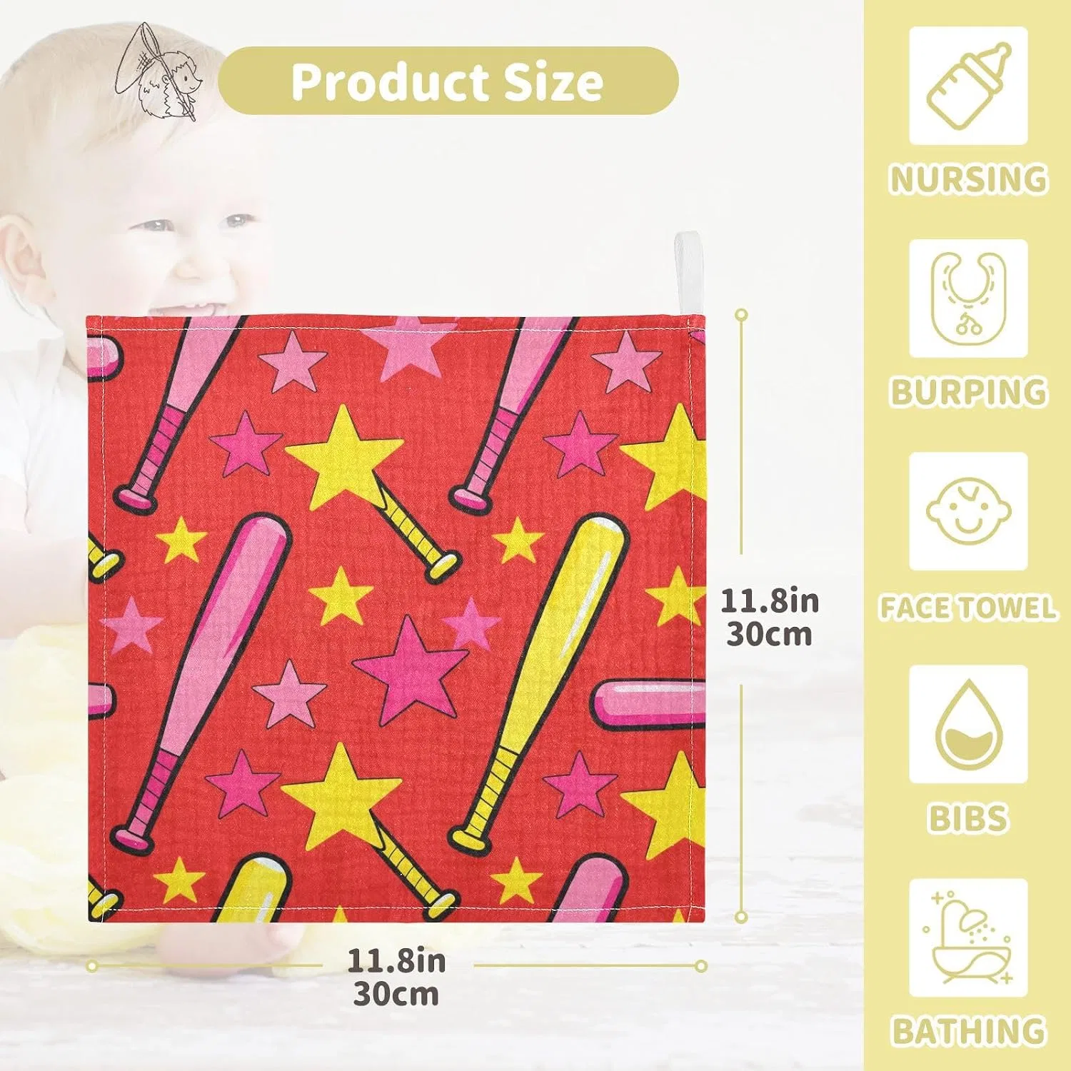 Марлевая салфетка 100% хлопок GuoChe, набор 5 шт, 30x30 см, Baseball Bats and Stars — фото 4