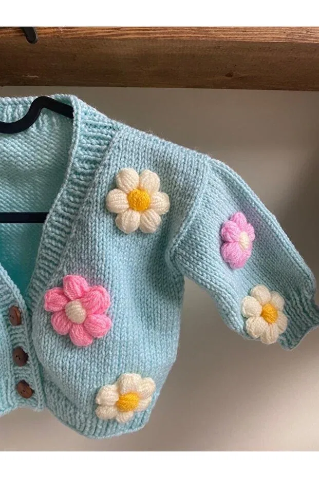 Детский кардиган с принтом Daisy Patterned Crop Hand Knitted Cardigan Tiftikbutik, Glass Core