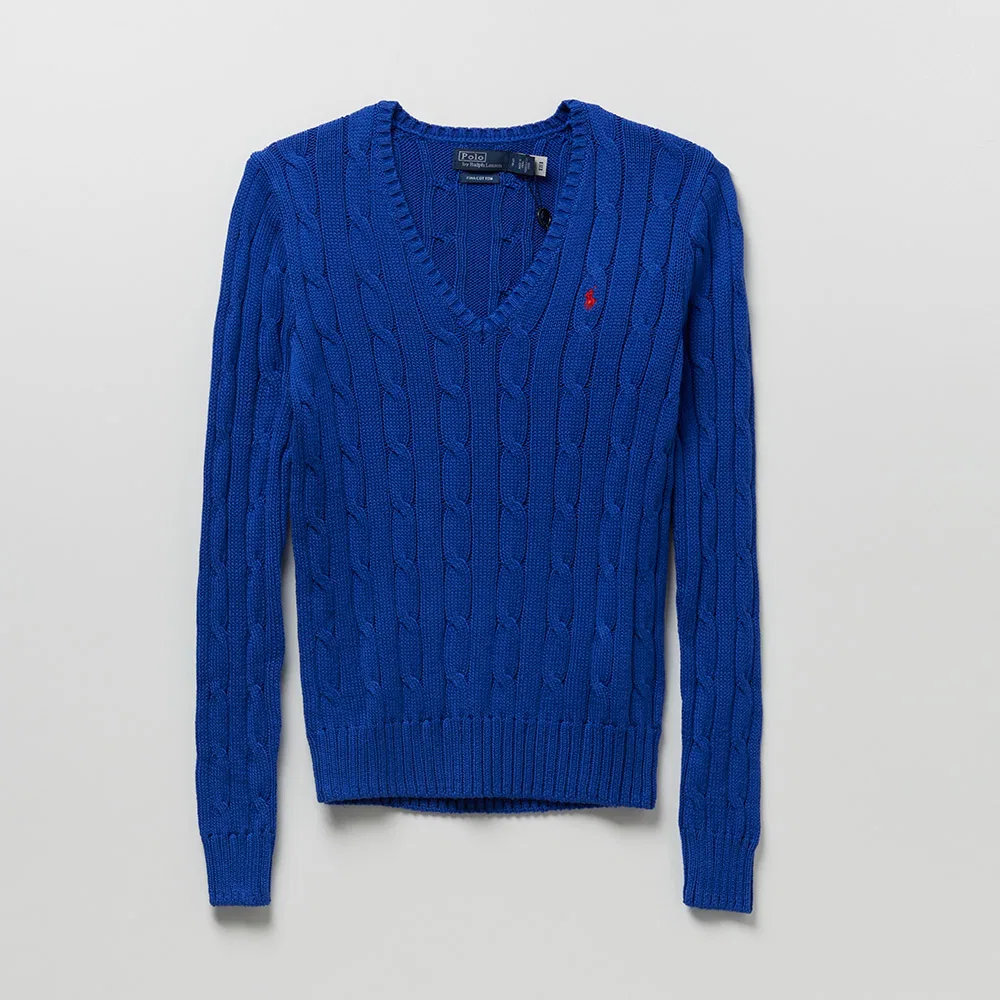 Женский хлопковый свитер с V-образным вырезом синего цвета от Polo Ralph Lauren