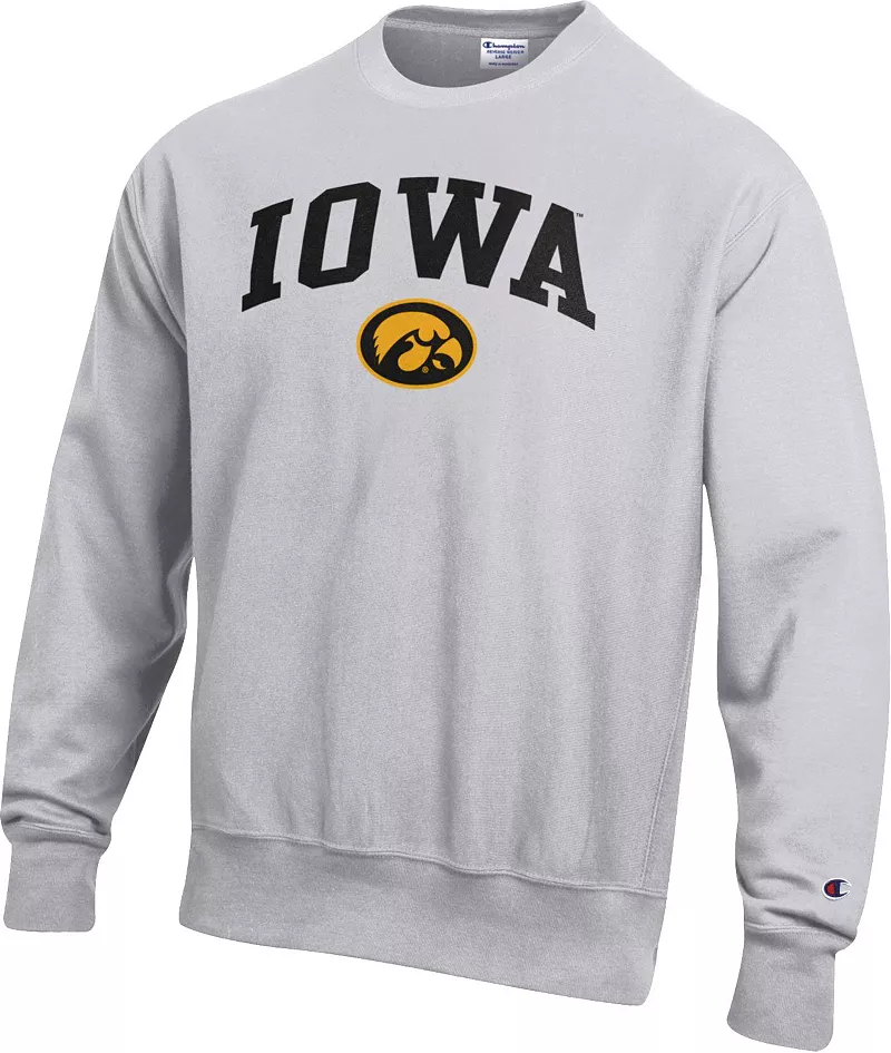 

Мужской серый свитшот с круглым вырезом с обратным переплетением Champion Iowa Hawkeyes