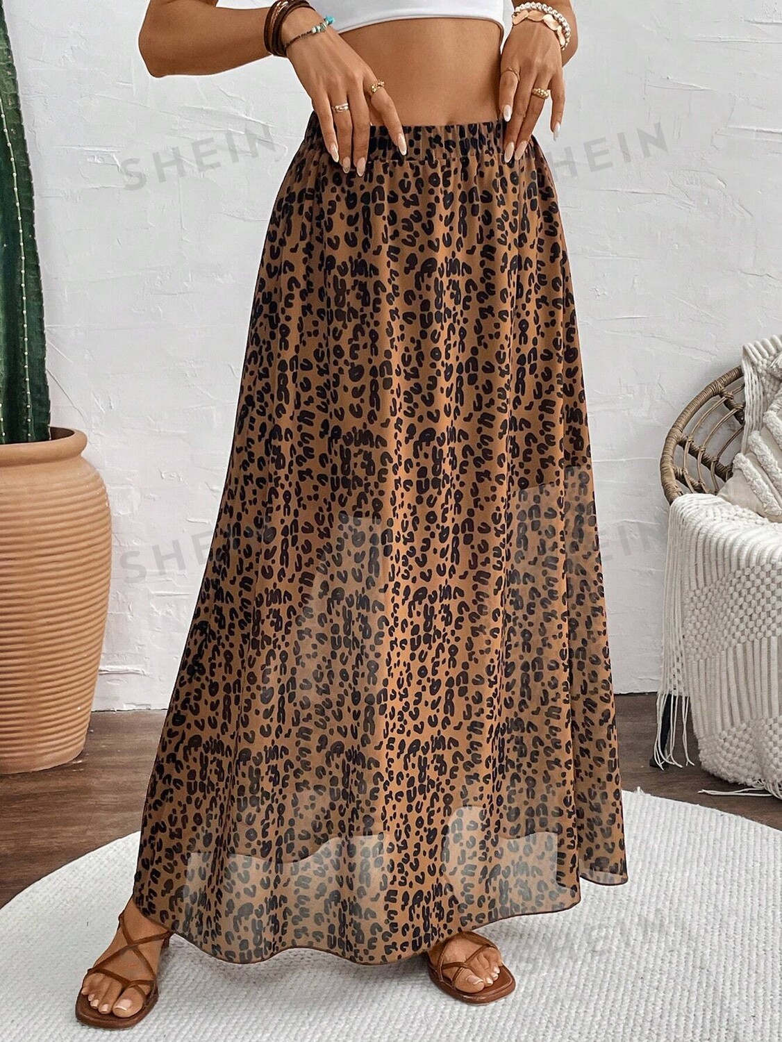 

Frenchy, Длинная юбка, завышенная талия, шифон, леопардовый узор Shein, коричневый