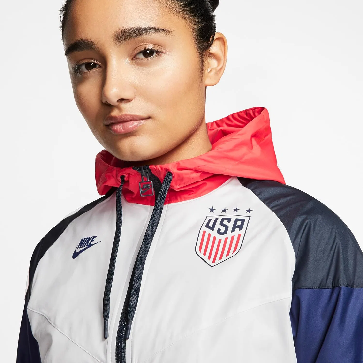 Куртка женская ветрозащитная Nike Windrunner, бело-красно-синяя — фото 3