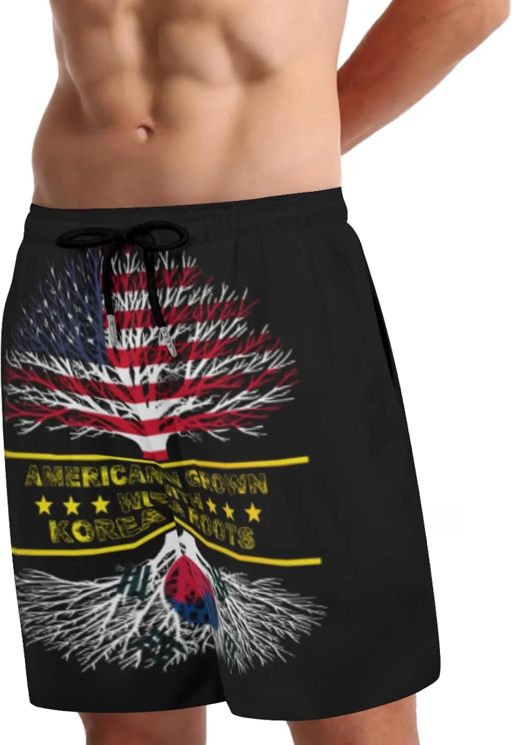 Мужские плавки American Grown and South Korea Roots с сетчатой ​​подкладкой, завязками, быстросохнущие, с карманами Generic, черный — фото 2