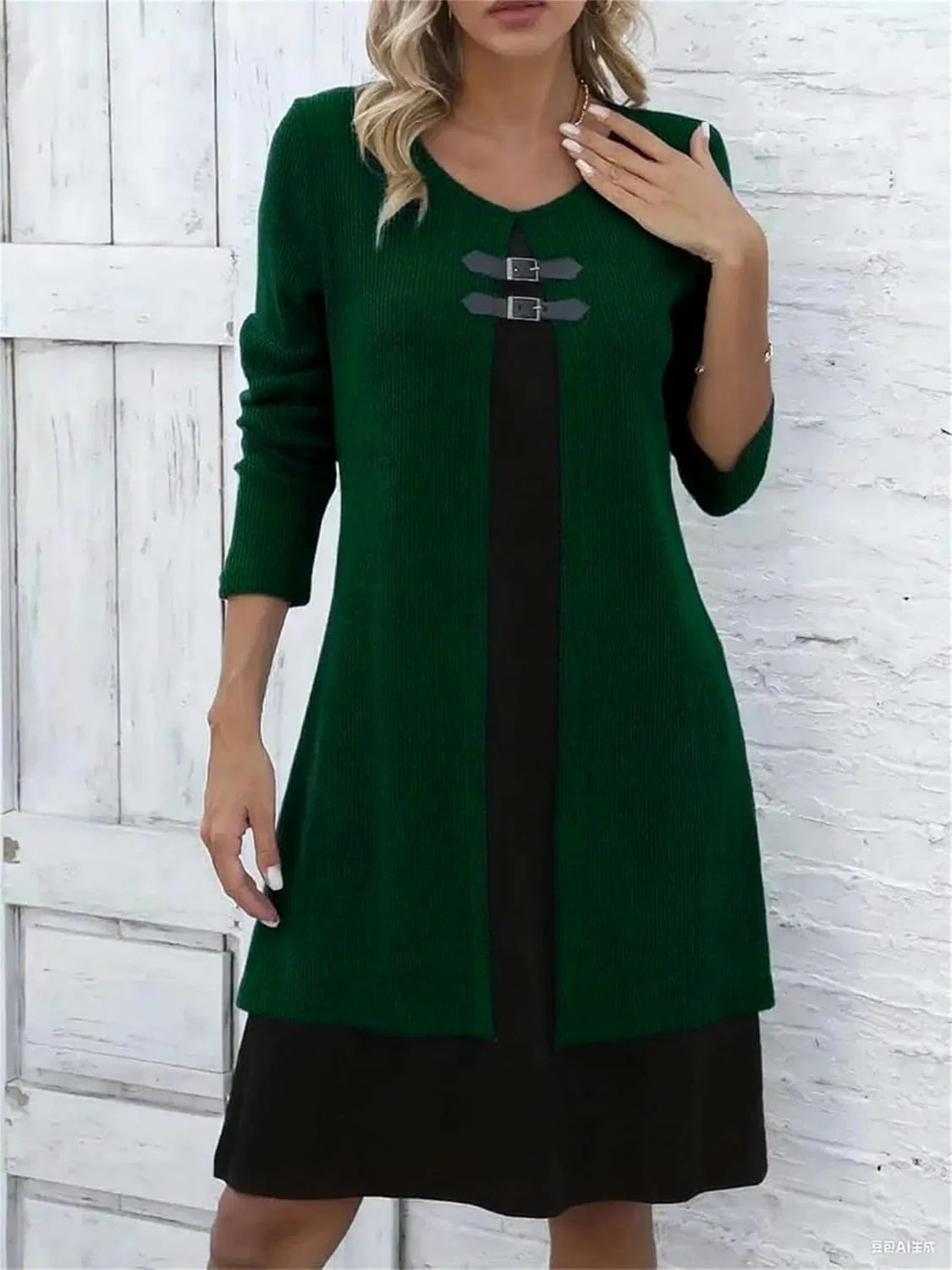 Женское платье с двойной пряжкой Ribbed Knit, Dark Green — фото 2